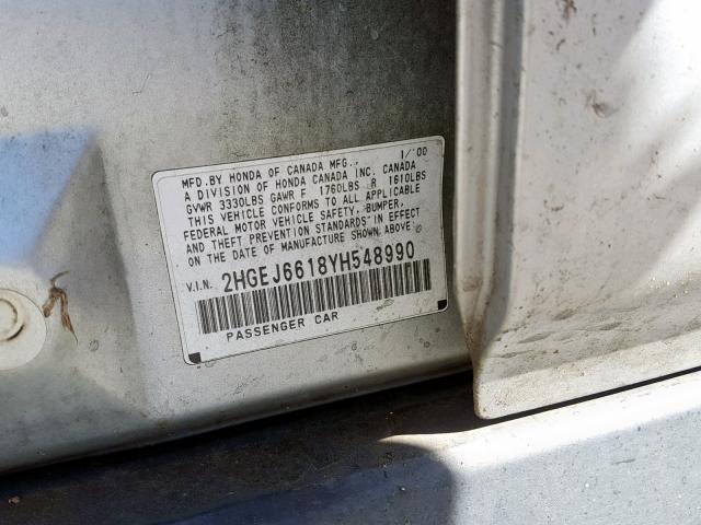 2HGEJ6618YH548990 - 2000 HONDA CIVIC BASE SILVER photo 10