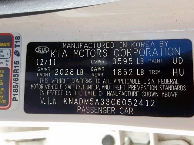 KNADM5A33C6052412 - 2012 KIA RIO LX WHITE photo 10