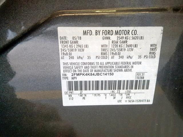 2FMPK4K84JBC14150 - 2018 FORD EDGE TITAN BLACK photo 10