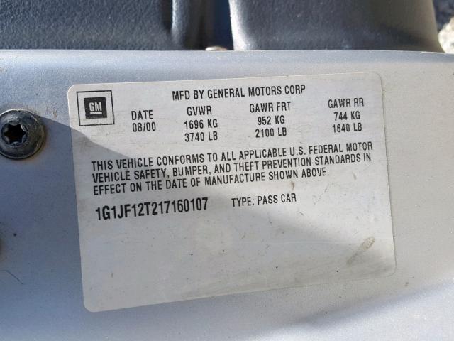 1G1JF12T217160107 - 2001 CHEVROLET CAVALIER Z SILVER photo 10