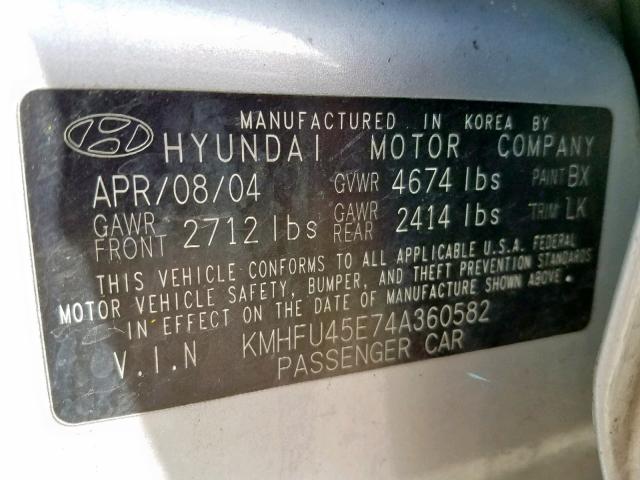 KMHFU45E74A360582 - 2004 HYUNDAI XG 350 SILVER photo 10