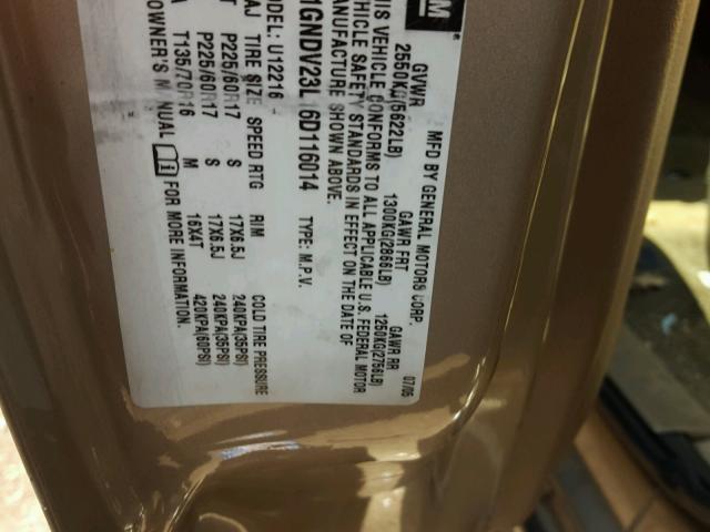 1GNDV23L16D116014 - 2006 CHEVROLET UPLANDER L 金色 照片 10