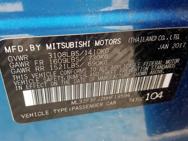 ML32F3FJ2HHF19594 - 2017 MITSUBISHI MIRAGE G4 BLUE photo 10