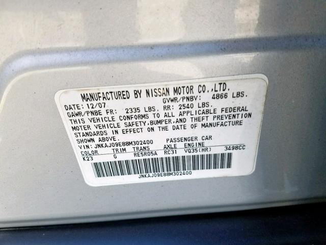 JNKAJ09E88M302400 - 2008 INFINITI EX35 BASE SILVER photo 10