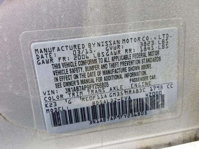 3N1AB7AP9FY256805 - 2015 NISSAN SENTRA S SILVER photo 10