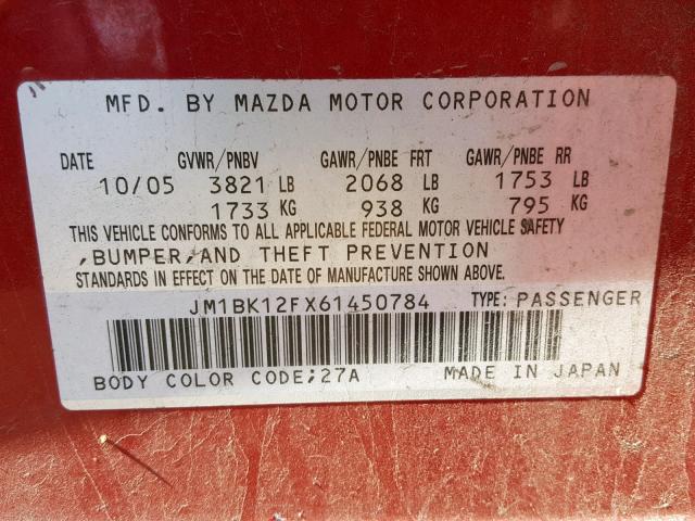 JM1BK12FX61450784 - 2006 MAZDA 3 I RED photo 10