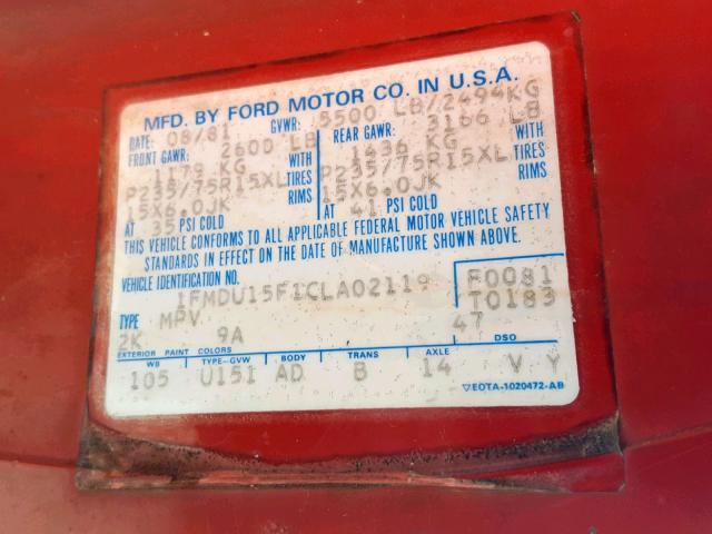 1FMDU15F1CLA02119 - 1982 FORD BRONCO U10 RED photo 10