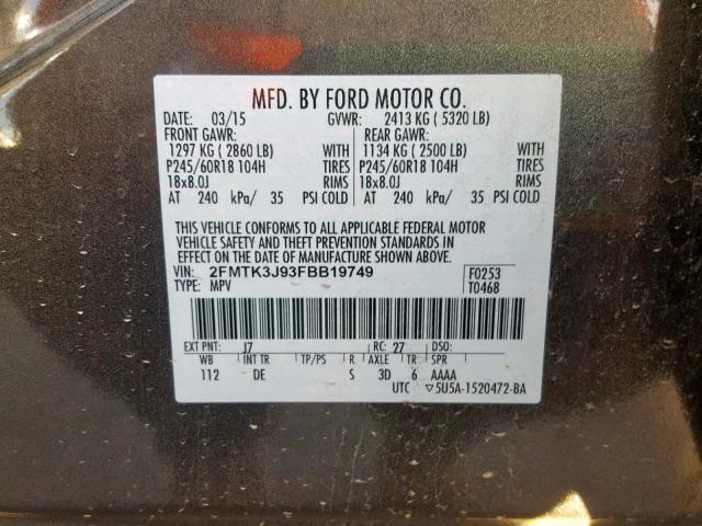 2FMTK3J93FBB19749 - 2015 FORD EDGE SEL BLACK photo 10