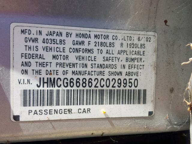 JHMCG66862C029950 - 2002 HONDA ACCORD EX SILVER photo 10