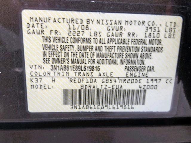 3N1AB61E89L619816 - 2009 NISSAN SENTRA 2.0 GRAY photo 10