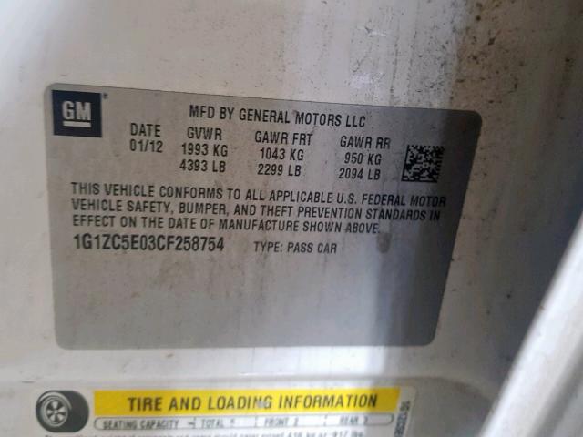 1G1ZC5E03CF258754 - 2012 CHEVROLET MALIBU 1LT 白色 照片 10