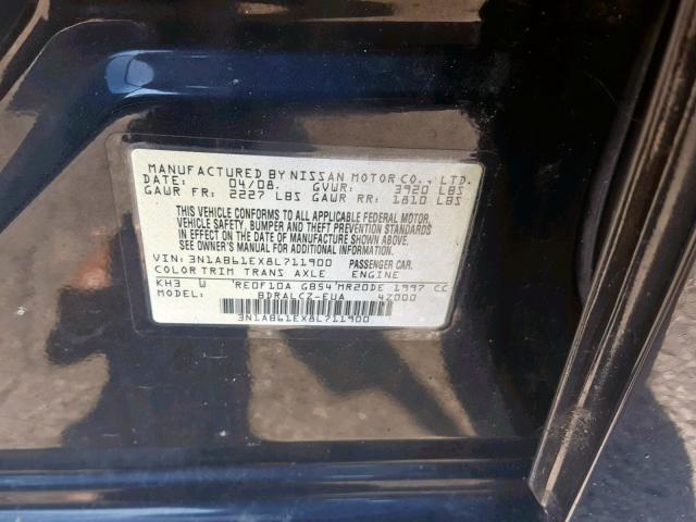 3N1AB61EX8L711900 - 2008 NISSAN SENTRA 2.0 BLACK photo 10