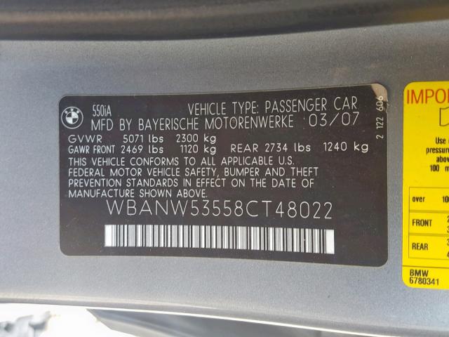 WBANW53558CT48022 - 2008 BMW 550 I SILVER photo 10