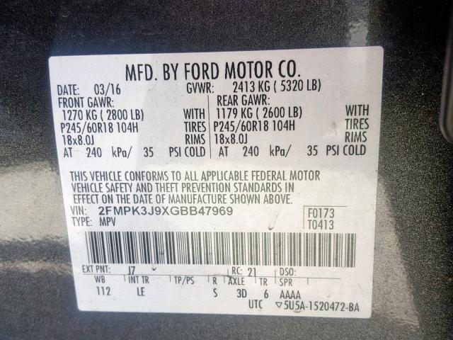 2FMPK3J9XGBB47969 - 2016 FORD EDGE SEL SILVER photo 10