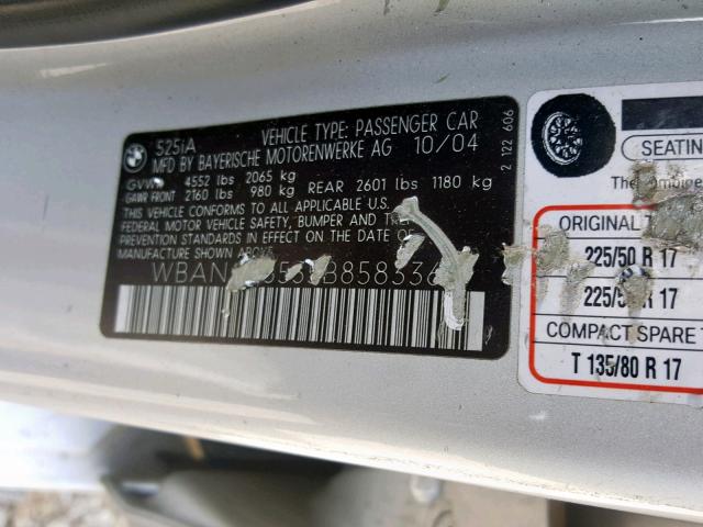 WBANA53535B858336 - 2005 BMW 525 I SILVER photo 10