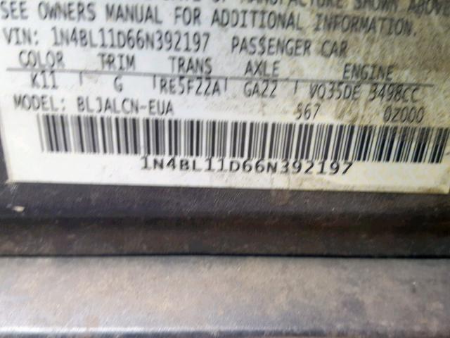 1N4BL11D66N392197 - 2006 NISSAN ALTIMA SE GRAY photo 10