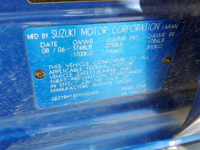 JS2YB413375102408 - 2007 SUZUKI SX4 BLUE photo 10