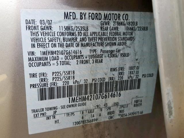 1MEHM42107G614616 - 2007 MERCURY MONTEGO PR 银色 照片 10