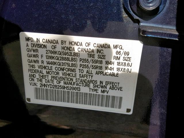 2HNYD28259H520013 - 2009 ACURA MDX BLUE photo 10