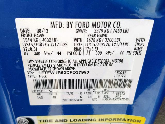 1FTFW1R62DFD37990 - 2013 FORD F150 SVT R BLUE photo 10