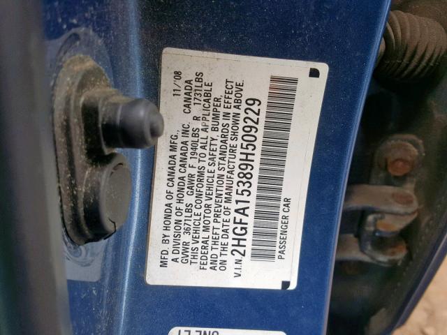 2HGFA15389H509229 - 2009 HONDA CIVIC VP BLUE photo 10