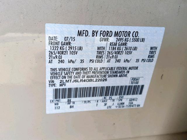 2LMTJ6LR4GBL22026 - 2016 LINCOLN MKX RESERV CREAM photo 10