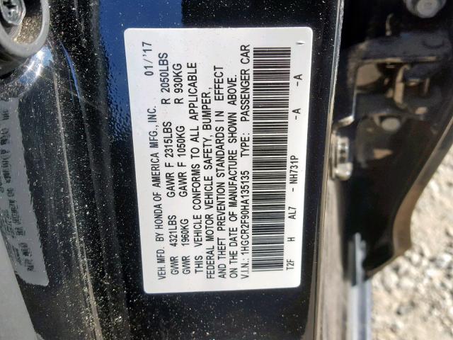 1HGCR2F90HA135135 - 2017 HONDA ACCORD EXL BLACK photo 10