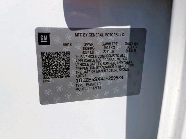 1G1ZE5SX4JF259534 - 2018 CHEVROLET MALIBU PRE WHITE photo 10