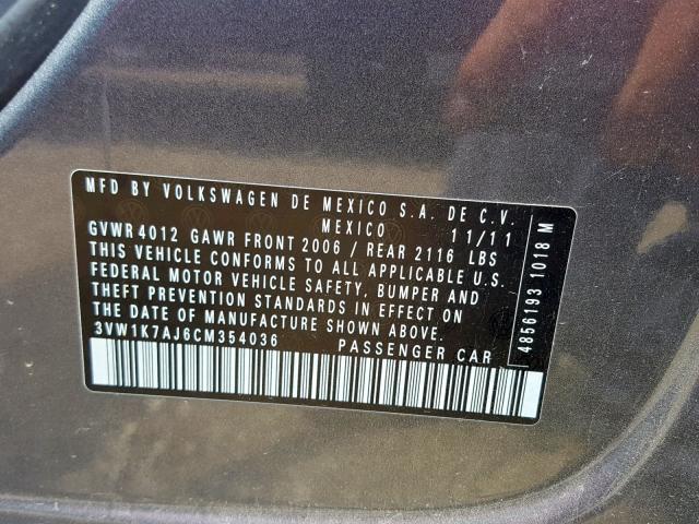 3VW1K7AJ6CM354036 - 2012 VOLKSWAGEN JETTA BASE GRAY photo 10