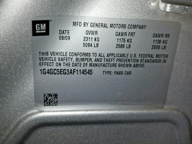 1G4GC5EG3AF114545 - 2010 BUICK LACROSSE C SILVER photo 10