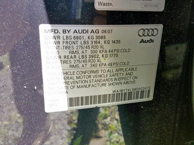 WA1BY74L58D003473 - 2008 AUDI Q7 3.6 QUA BLUE photo 10