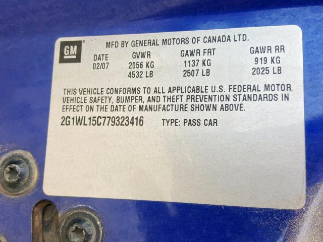 2G1WL15C779323416 - 2007 CHEVROLET MONTE CARL BLUE photo 10