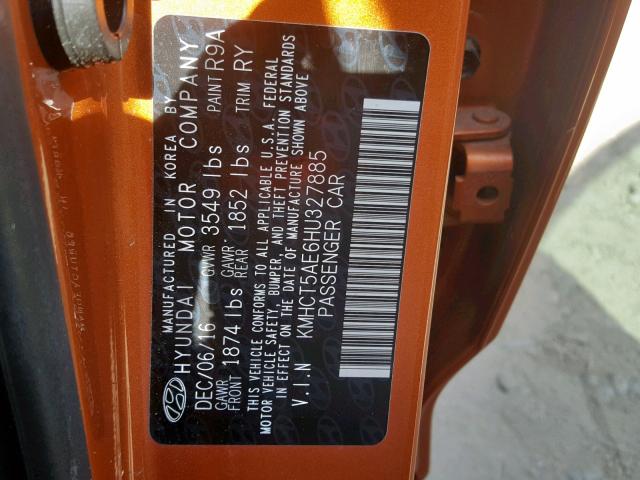 KMHCT5AE6HU327885 - 2017 HYUNDAI ACCENT SE ORANGE photo 10