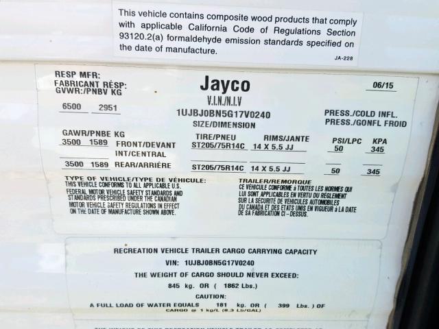 1UJBJ0BN5G17V0240 - 2016 JAYCO JAYFLIGHT  WHITE photo 10