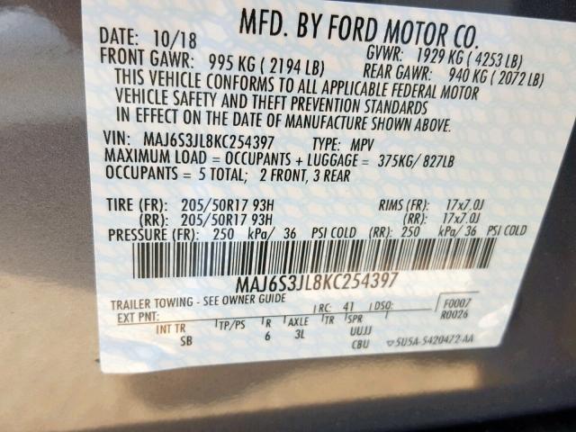 MAJ6S3JL8KC254397 - 2019 FORD ECOSPORT S GRAY photo 10