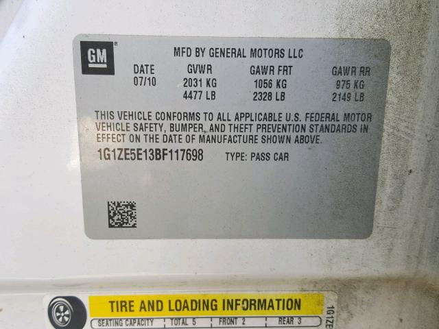 1G1ZE5E13BF117698 - 2011 CHEVROLET MALIBU LTZ თეთრი ფოტო 10