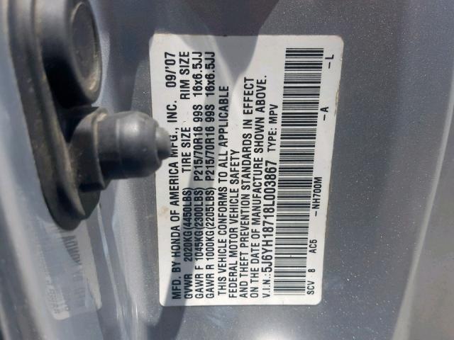 5J6YH18718L003867 - 2008 HONDA ELEMENT EX SILVER photo 10