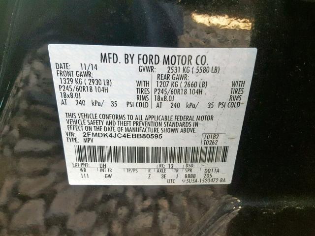 2FMDK4JC4EBB80595 - 2014 FORD EDGE SEL BLACK photo 10