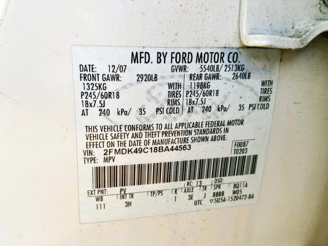 2FMDK49C18BA44563 - 2008 FORD EDGE LIMIT BEIGE photo 10