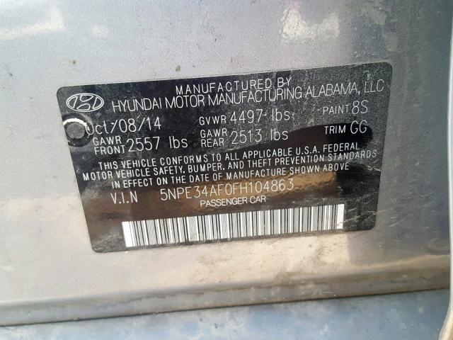 5NPE34AF0FH104863 - 2015 HYUNDAI SONATA SPO GRAY photo 10