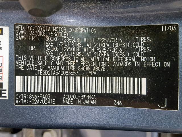 JTEGD21A540083657 - 2004 TOYOTA HIGHLANDER BLUE photo 10