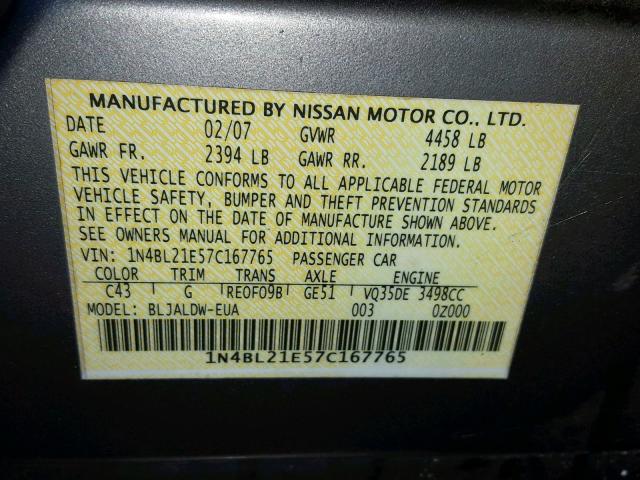 1N4BL21E57C167765 - 2007 NISSAN ALTIMA 3.5 BROWN photo 10