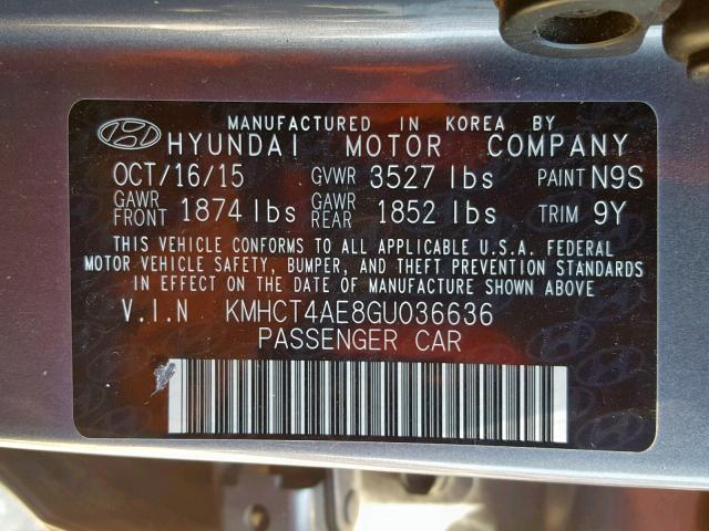 KMHCT4AE8GU036636 - 2016 HYUNDAI ACCENT SE GRAY photo 10