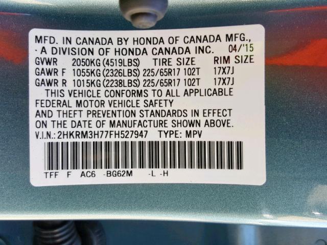 2HKRM3H77FH527947 - 2015 HONDA CR-V EXL TEAL photo 10