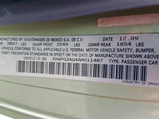 3VWPG3AG4AM011487 - 2010 VOLKSWAGEN NEW BEETLE მწვანე ფოტო 10