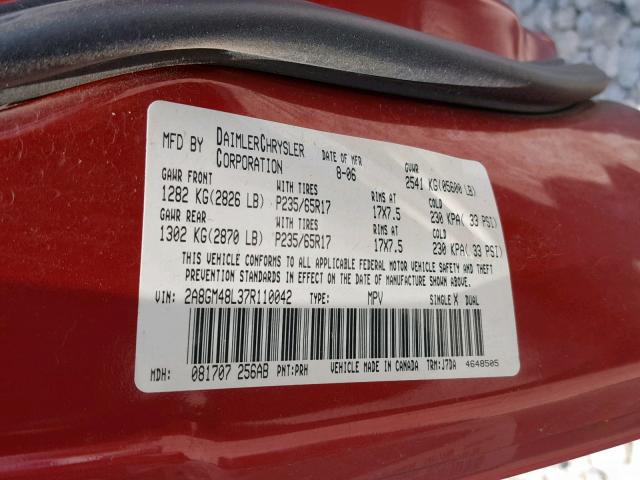 2A8GM48L37R110042 - 2007 CHRYSLER PACIFICA MAROON photo 10