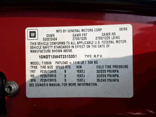 1GNDT13W4T2315351 - 1996 CHEVROLET BLAZER RED photo 10