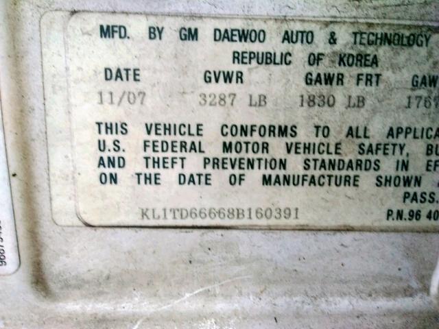 KL1TD66668B160391 - 2008 CHEVROLET AVEO BASE Ağ foto 10