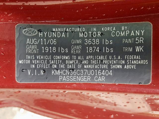 KMHCN36C37U016404 - 2007 HYUNDAI ACCENT SE RED photo 10