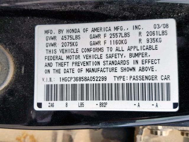 1HGCP36858A052299 - 2008 HONDA ACCORD EXL BLACK photo 10